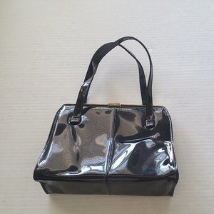 Vintage Shiny Black Patent Snap Clutch Handbag Purse Paisley Lining BEAUTIFUL